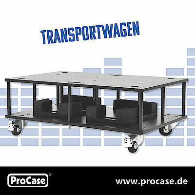 Transportwagen - Untere Ebene für den Betrieb der Ladestationen, darauf wird der Koffer verriegelt. Alternativ ein Rollbrett für den reinen Transport.