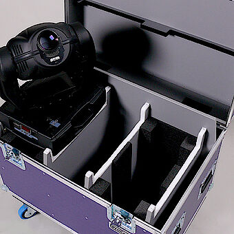 Flight case for a moving light featuring machined partitions and hard foam
