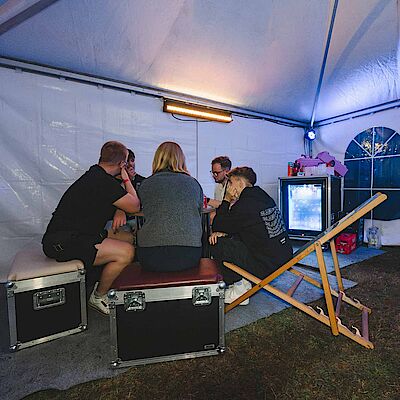 The backstage area was equipped by ProCase with seating and a refrigerator in a flight case.